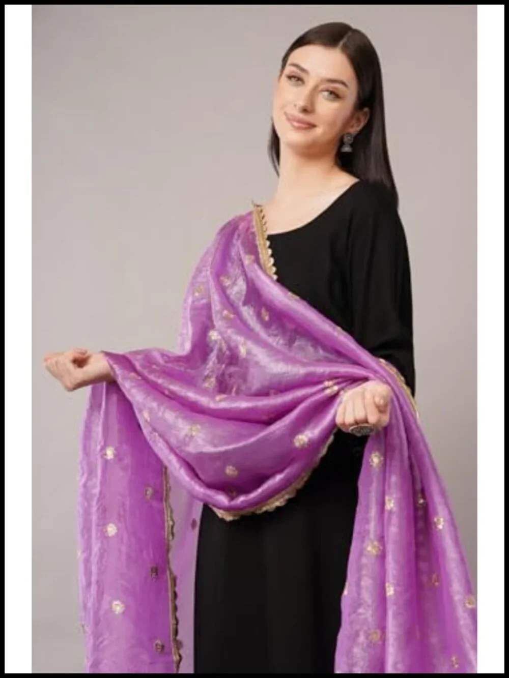 Art Silk Crush Dupatta, Lightweight Shawl Scarf Wrap with Gold Lace